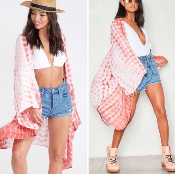 CORAL & WHITE FLOWY TIE DYE KIMONO - Picture 1 of 3